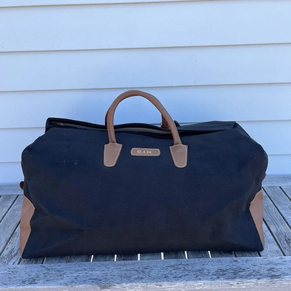 T. Anthony Weekender Duffle Bag Black Canvas Tan Leather Monogram CIH No Strap